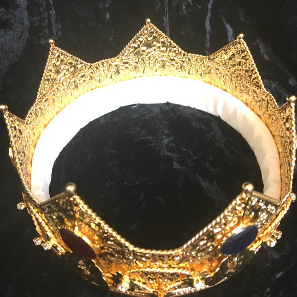 King Queen Gold Crown Rhinestones Faux Jewels on Gold Metal Band NWOT